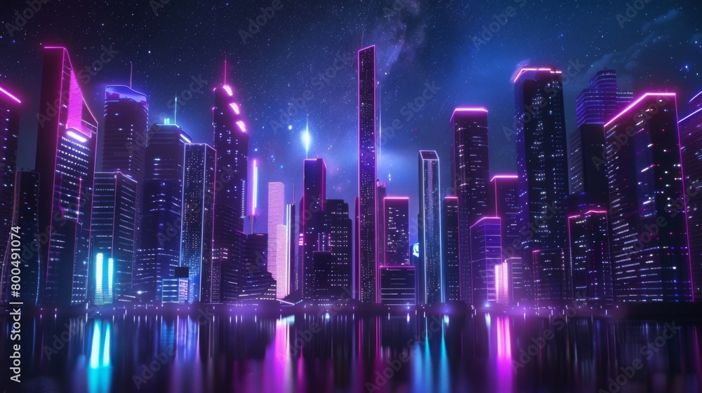 Futuristic Metropolis Aglow with Neon Lights and Towering Skyscrapers Under the Starry Night Sky