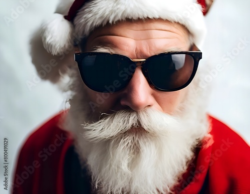 Portrait of a Cool modern Santa Claus with a long white beard in a red suit and sunglasses looks at us