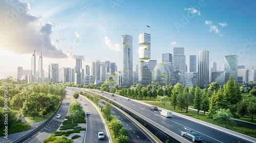 Depiction of an eco-friendly cityscape featuring modern skyscrapers, highways, cars, and natural landscapes. Rendered in 3D illustration.