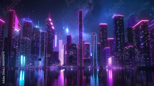 Futuristic Metropolis Aglow with Neon Lights and Towering Skyscrapers Under the Starry Night Sky photo