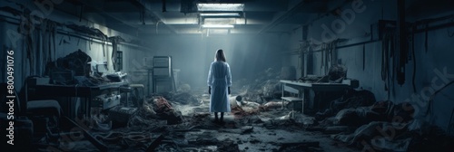 Haunting Decay within an Abandoned Hospital s Eerie Remains with Scattered Medical Equipment Evoking a Chilling Sense of Isolation and Horror photo