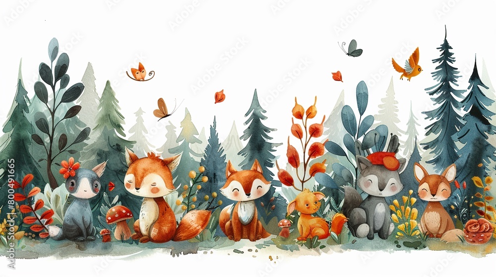A whimsical scene of animals having a costume party in the forest. copy space A whimsical scene of animals having a costume party in the forest. copy space