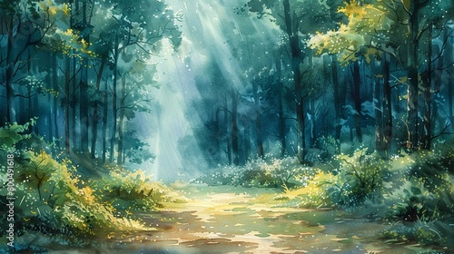 A whimsical forest glen with shafts of sunlight filtering through the trees.copy space