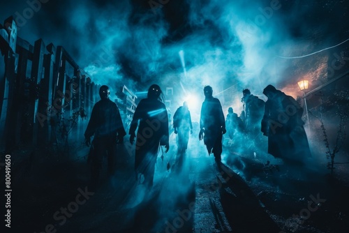 This image captures the thrilling and chilling atmosphere of a Halloween haunted maze event The scene depicts a dark fog filled outdoor setting where actors dressed as ghouls and monsters lurk ready