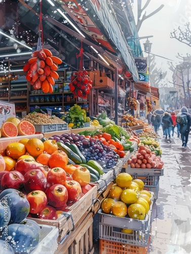 Vibrant Farmer s Market with Abundant Fresh Produce and Lively Stalls