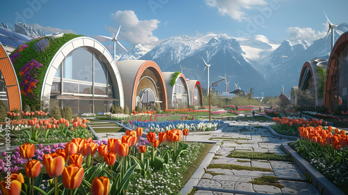 Fototapeta Naklejka Na Ścianę i Meble -  Eco-friendly city where streets are lined with tulips, flanked by small-scale wind turbines and solar roofs, mountains beyond