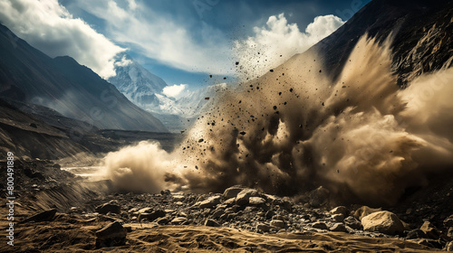 An impactful image of a landslide occurring amidst a tranquil valley, contrasting calm and chaos photo