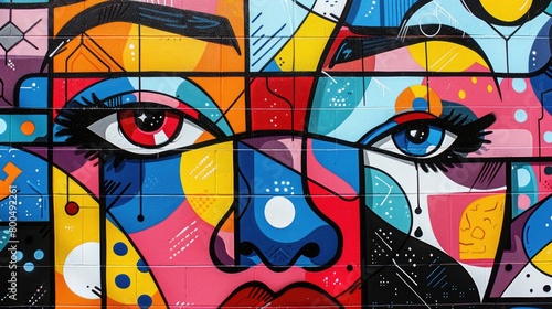 A colorful mural of two faces with bright colors and geometric shapes.