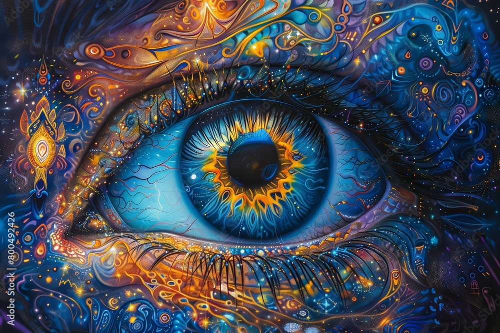 intricate and detailed painting of an eye with vibrant colors and patterns
