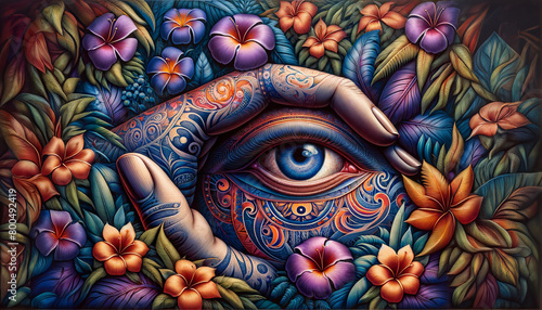 A hand holding an eye with flowers surrounding it. The eye is blue and the hand is blue and white