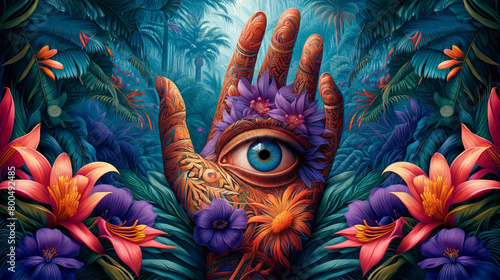 A hand with a flowery eye is surrounded by a lush green forest. The image has a dreamy  surreal feel to it  with the hand and eye appearing to be a symbol of inner peace and spirituality