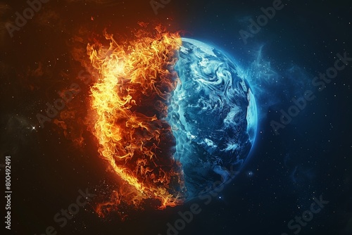 shows a planet split in half. One half is on fire, the other half is covered in ice.