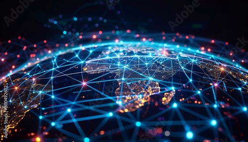 A glowing blue and orange globe with a network of connections.