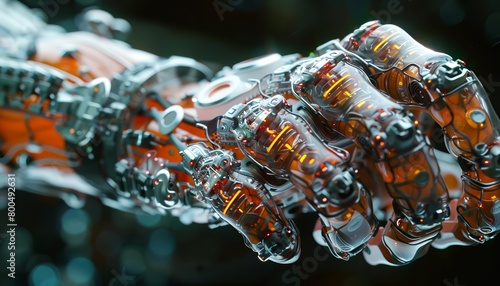 A glowing robotic arm made of glass and metal.