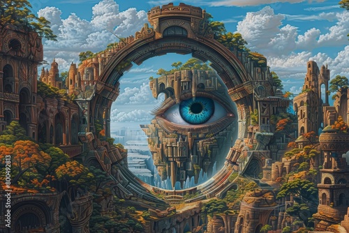An illustration of a giant eye looking through a portal into a fantasy world with floating islands and overgrown ruins
