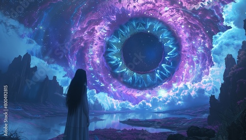 An epic fantasy landscape painting of a young woman standing looking up at a giant eye in the sky.