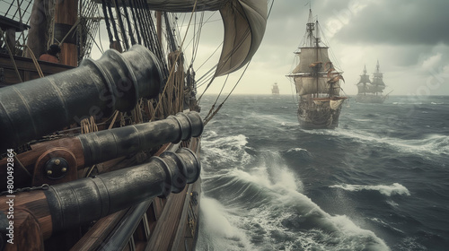 An intense depiction of naval ships braving a turbulent ocean storm, showcasing a historical sea battle