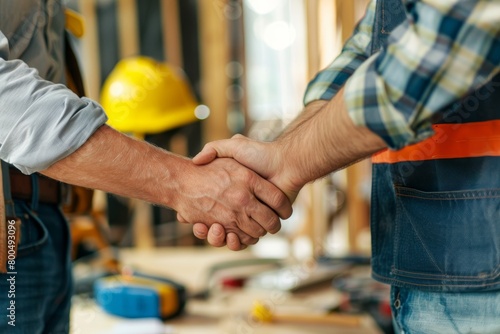 Contractor and homeowner shaking hands after agreeing on home renovation project photo