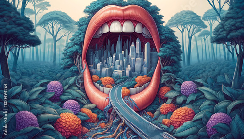 A painting of a mouth with a city in it. The painting is colorful and has a whimsical feel to it photo