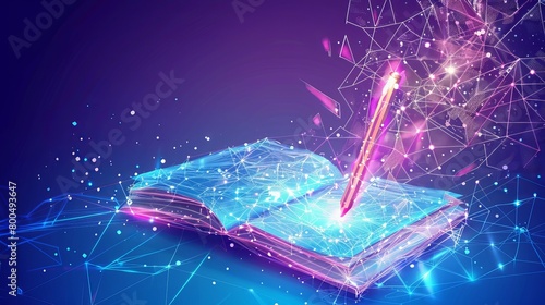 Illustrating digital drawing and creative writing powered by AI technology, an open notebook and pencil glow in polygonal style against a blue backdrop. Abstract vector illustration. photo