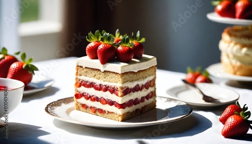 birthday cake on wooden table against colorful bunting at home