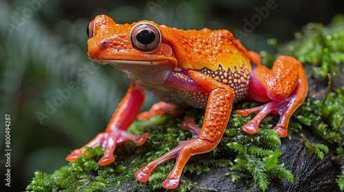 A tree frog adorned in striking orange hues springing from a moss-covered tree trunk
