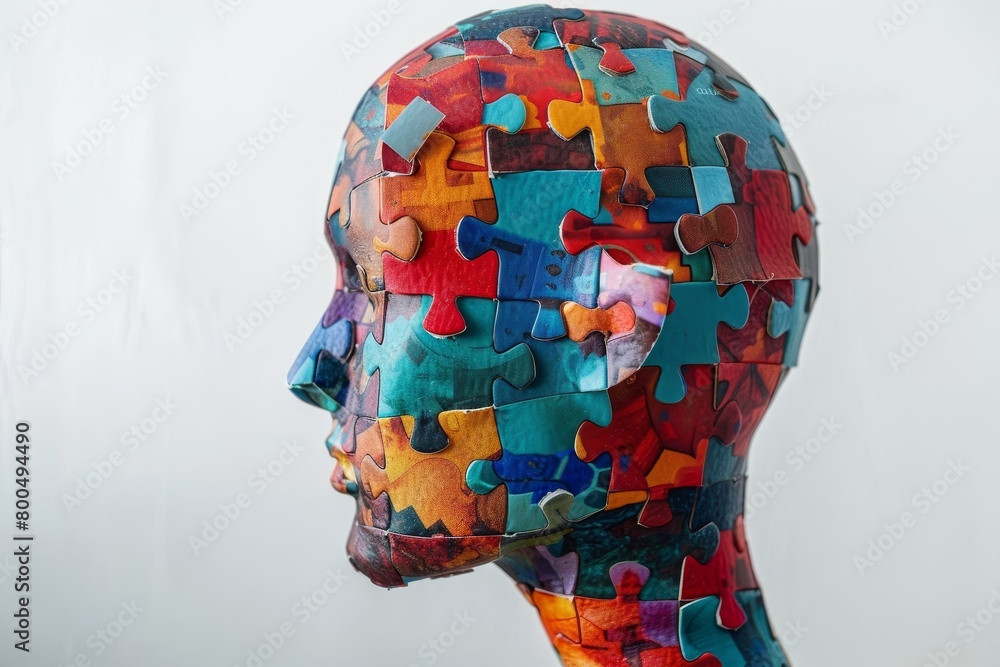 Human head with jigsaw puzzle pieces, concept for cognitive psychology or psychotherapy research