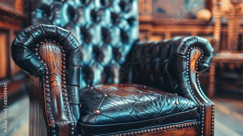  A black leather chair atop a wooden floor Nearby, a chair with nail-adorned armrests photo