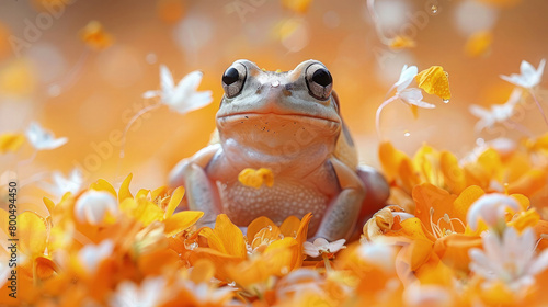 A tree frog with radiant yellow patterns bounding through a field of blooming wildflowers