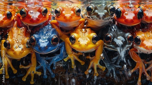 A surrealistic scene of multiple tree frogs of various colors and sizes leaping in unison,