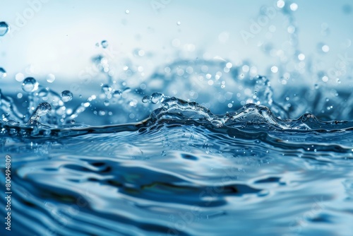 Transparent blue water surface with ripples and bubbles. Top view liquid texture