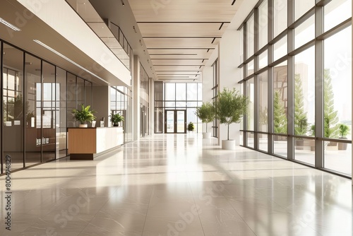 Beautiful modern spacious office hall with panoramic windows and pleasant neutral tones