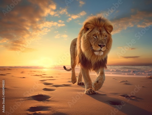 Photo of a lion walks along the shore of the sea or ocean on sunset background. Foot steps on sand