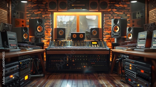 A professional music studio with a large mixing console, speakers, and other equipment.