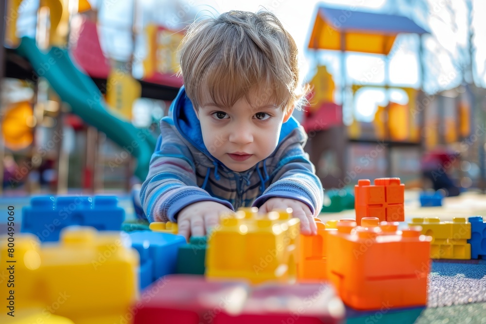 Happy child having fun, playing with vibrant colored toy blocks on the playground Happy child having fun, playing with vibrant colored toy blocks on the playground