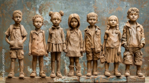 A row of 7 clay sculptures of children, 3 girls and 4 boys.