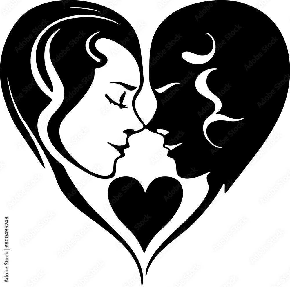 Elegant black and white silhouette of two faces forming a heart, perfect for themes of love, relationships, and Valentine's Day.
