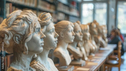 A row of sculptures of women's heads in a library