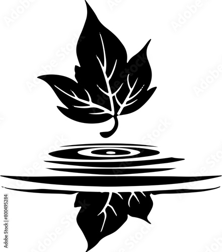 This serene black and white silhouette captures a leaf floating gracefully on rippled water, evoking calmness and simplicity in nature.