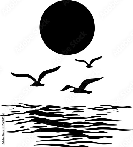 Peaceful scene of a sun setting over rippling water with flying seagulls, great for themes of nature, serenity, and ending days.