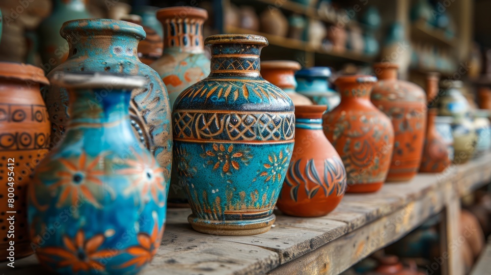 A shelf full of colorful and intricately designed ceramic vases.