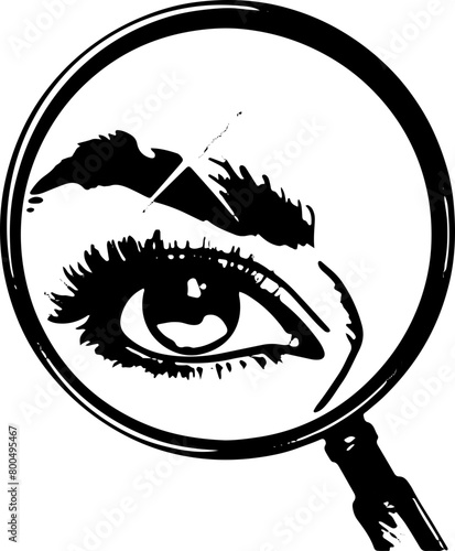 Silhouette depicting an eye being closely observed through a magnifying glass, symbolizing scrutiny, perception, and detailed examination.

