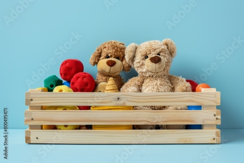 Toy box full of baby toys ? teddy bear, fluffy and wooden educational collection for small children