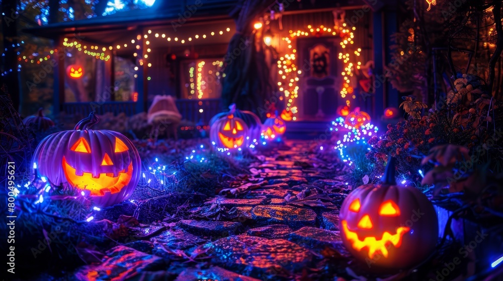 A spooky Halloween night with a haunted house, glowing pumpkins, and blue lights