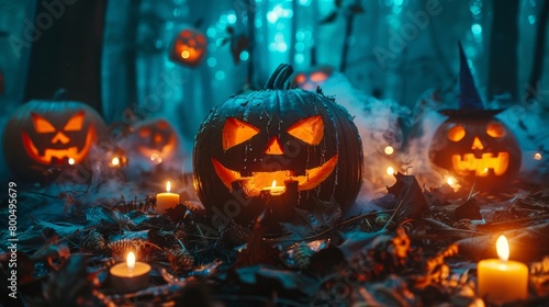 A spooky Halloween night with jack-o-lanterns in the woods