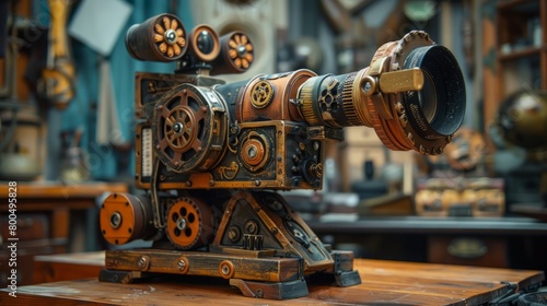 A steampunk movie camera made of wood and brass with a large lens. photo