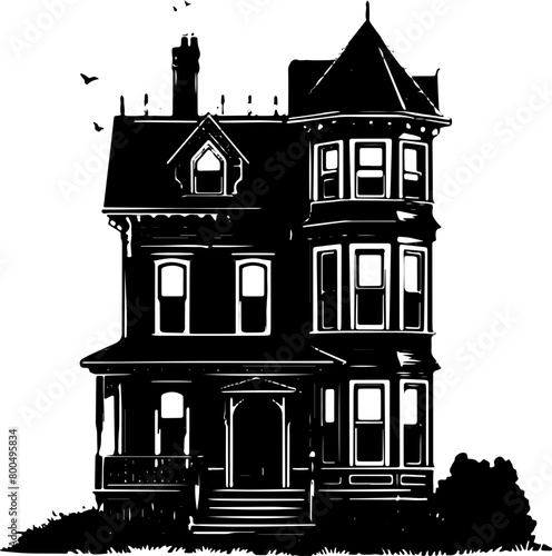 This black silhouette captures the essence of a Victorian-era house, perfect for historical and real estate concepts.

