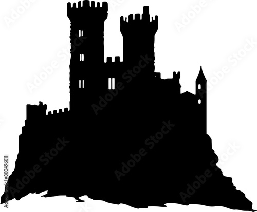 This stark black silhouette of a medieval castle atop a rugged cliff is ideal for fairy tale and history-themed designs.

