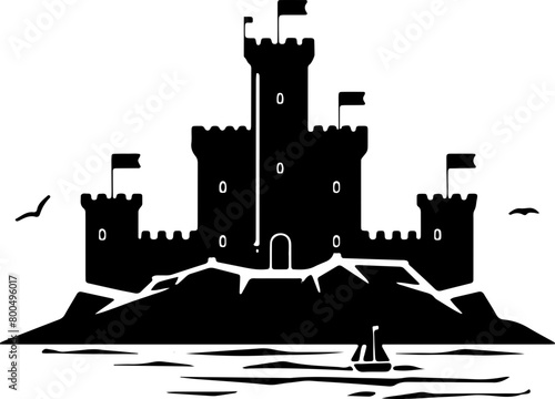 This stark black silhouette of a medieval castle atop a rugged cliff is ideal for fairy tale and history-themed designs.

