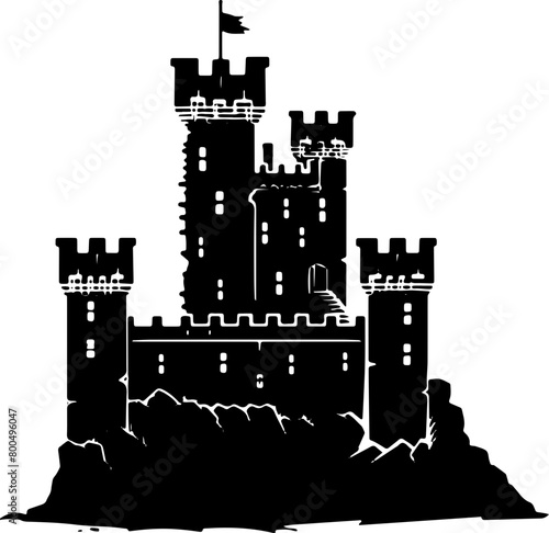 This stark black silhouette of a medieval castle atop a rugged cliff is ideal for fairy tale and history-themed designs.

